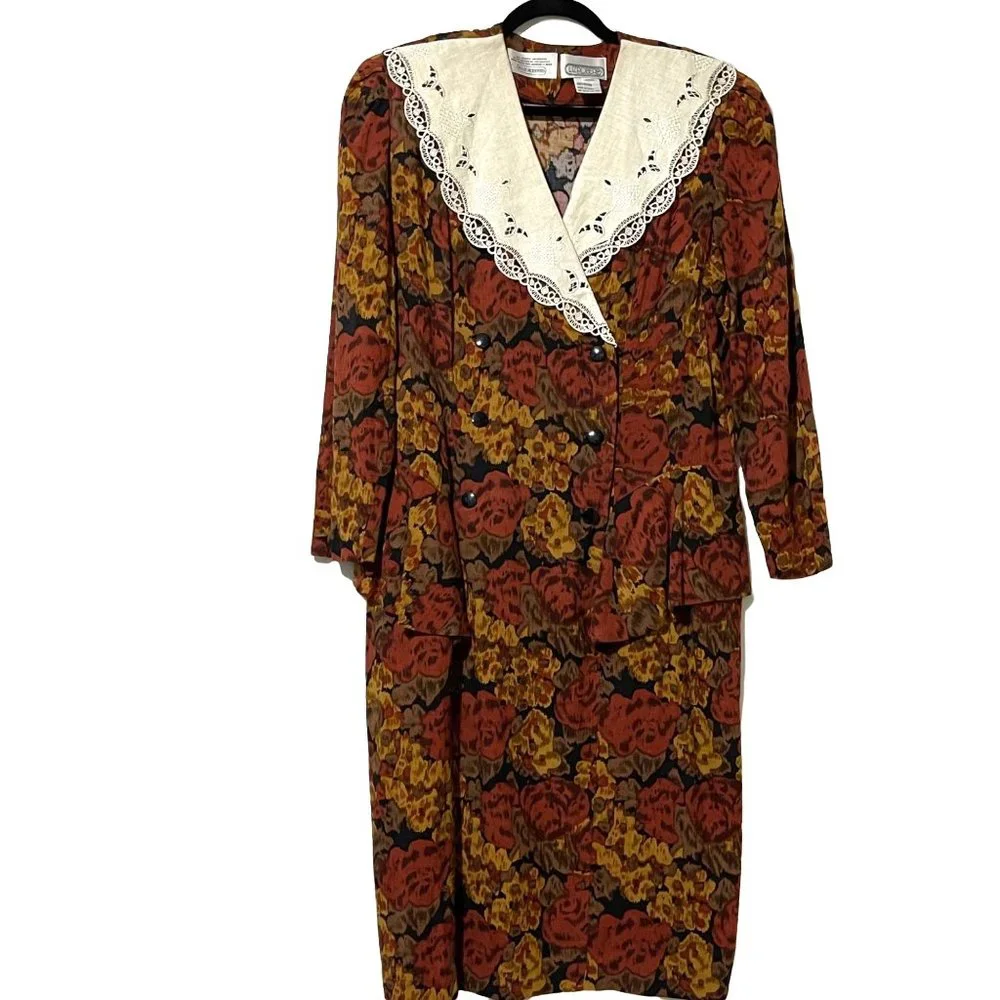 Liz Roberts VTG women’s orange floral double breasted peplum lace dress size 14 - Picture 1 of 7
